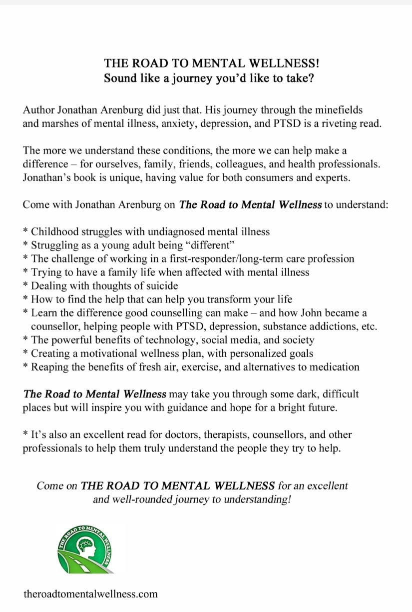 The Back cover of the book, the road to mental wellness with summary and green "the road to mental wellness logo