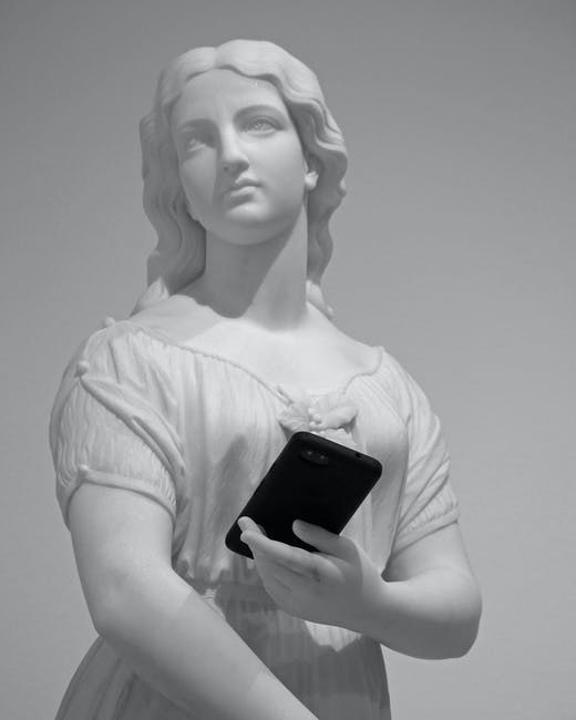 A pure white statue of a woman holding a mobile phone - Social media trending mindset.