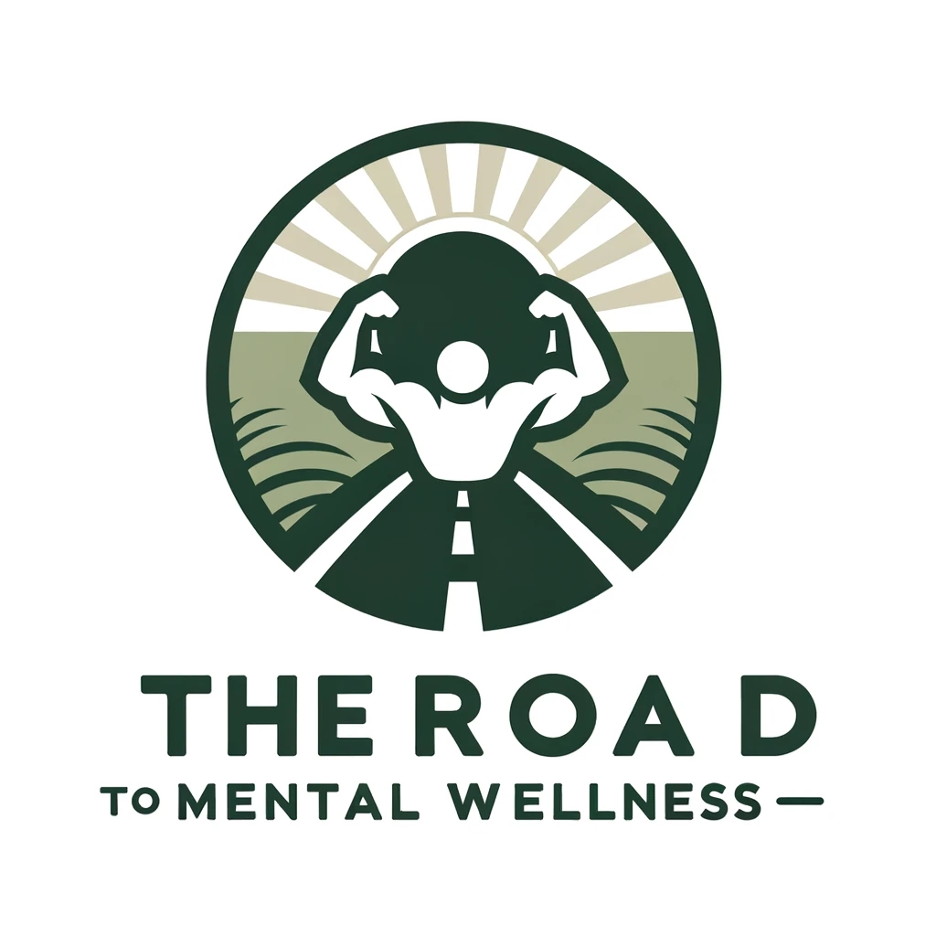 The Road To Mental Wellness logo/ Green circle with a road running from the bottom to the top and a figure flexing his muscles. 
